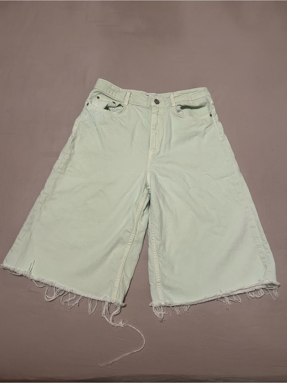 Zara Mint Green Wide-Leg Frayed Hem Shorts